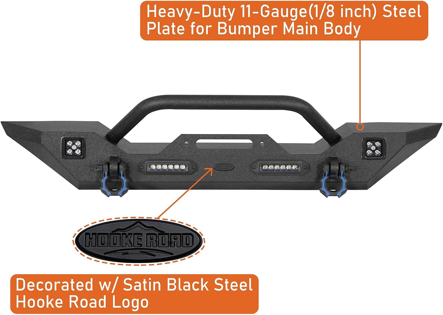 Hooke Road Sturdy Front Bumper for Jeep Gladiator JT (2020-2025) & Wrangler JK JL (2007-2025), Offroad Steel Bumper with Bright Lights D-rings and Built-in Winch Plate