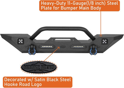 Hooke Road Sturdy Front Bumper for Jeep Gladiator JT (2020-2025) & Wrangler JK JL (2007-2025), Offroad Steel Bumper with Bright Lights D-rings and Built-in Winch Plate