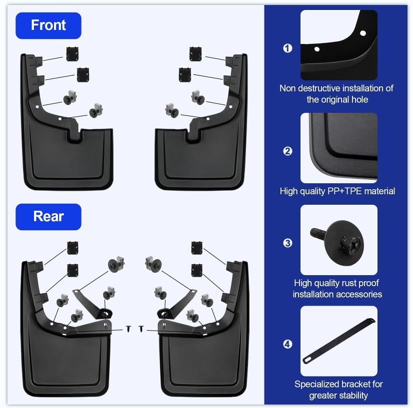 No-Drill Mud Flaps (4-PCS) for 2021-2026 Ford F-150 - Heavy Duty PP+TPE Splash Guards