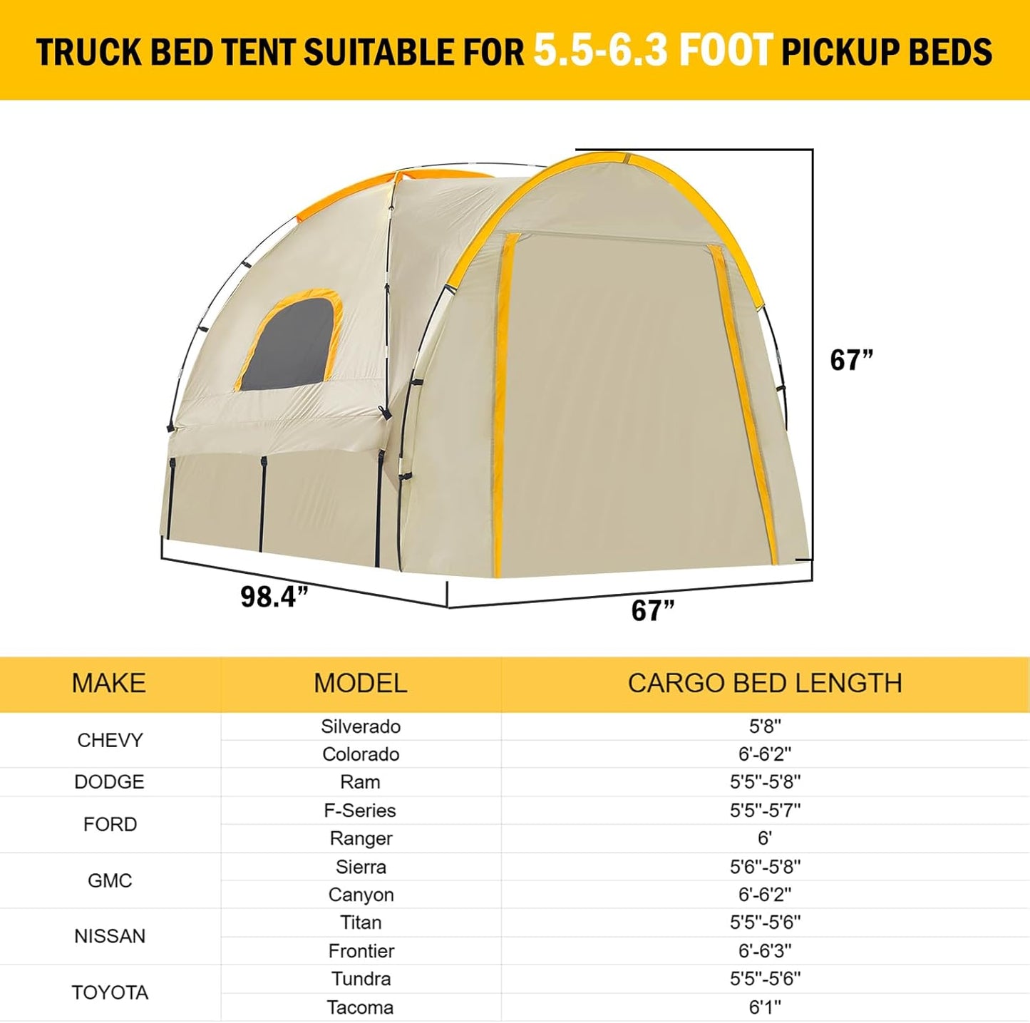PU5000 Oxford Truck Tent with Awning for 5.5'-6.3' Beds - Fits Chevy, Ram, F-150 & More