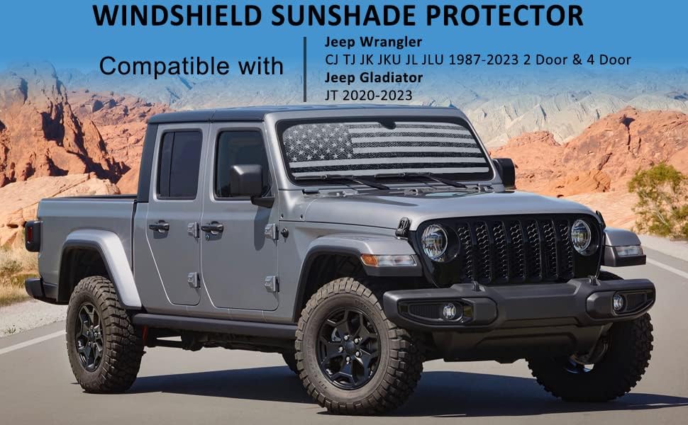 American Flag Windshield Sun Shade for Jeep Wrangler & Gladiator (Universal Foldable Fit)