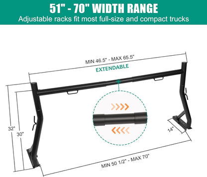 Non-Drilling Truck Rack Fit for 52" to 71" Wide Truck Bed, 800 lb. Capacity