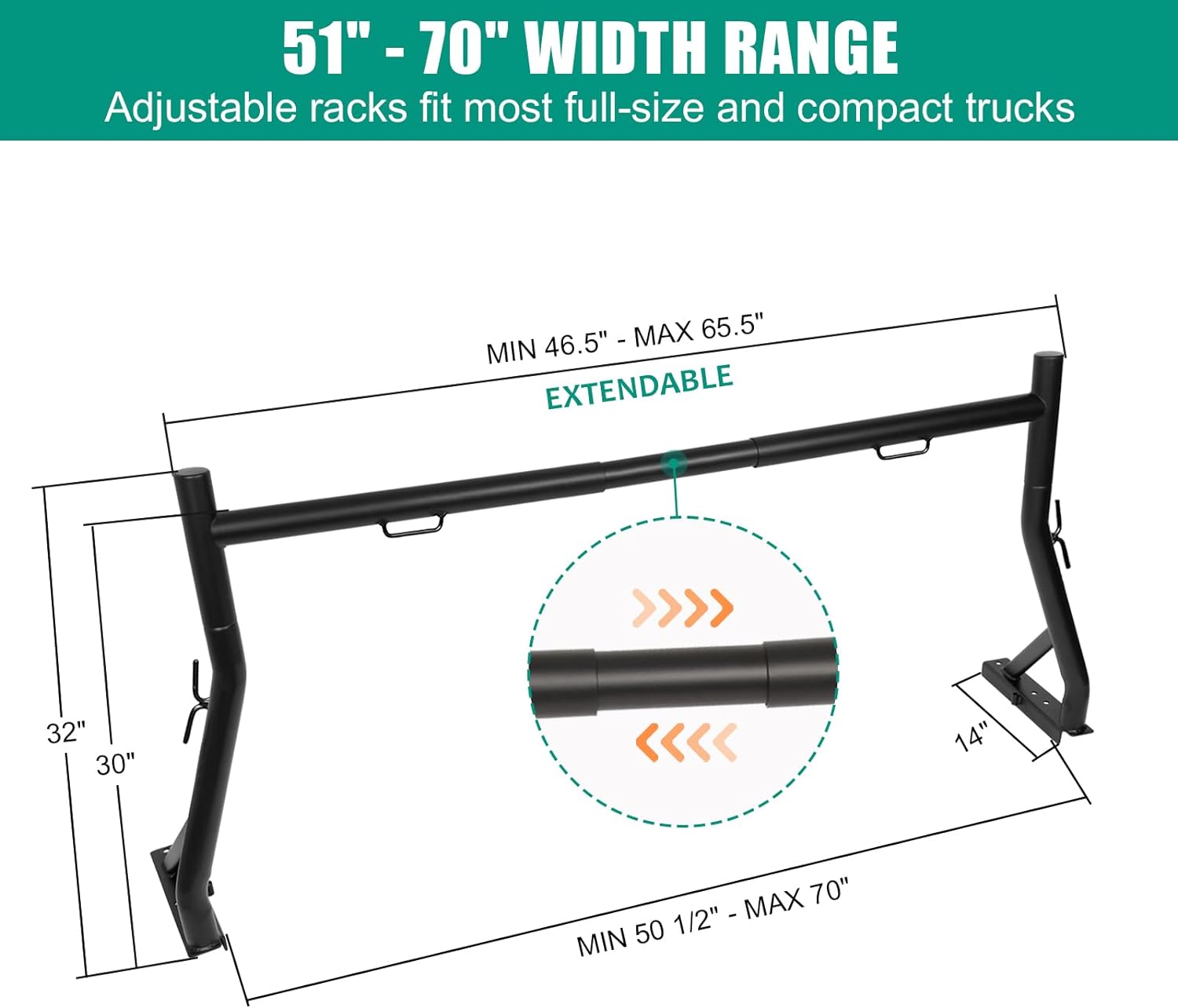 Non-Drilling Truck Rack Fit for 52" to 71" Wide Truck Bed, 800 lb. Capacity - OHMU