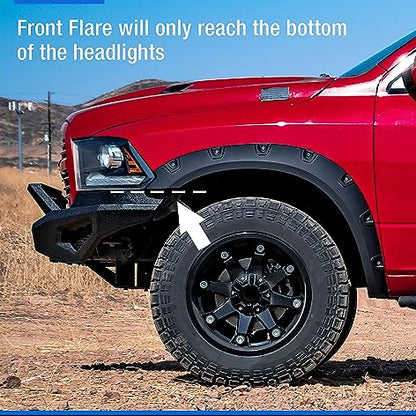 Fender Flares for 2009-2018 Dodge Ram 1500 and 2019-2024 Ram 1500 Classic, Textured Black Bolt-Riveted Style, 4-Piece
