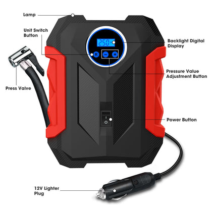 12V Portable Digital Tire Inflator with LED Light - Car Auto Air Compressor