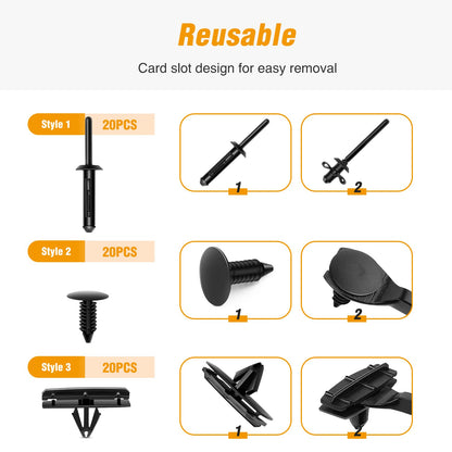 60-PCS Fender Flare Retainer Clip Kit for Jeep/Chrysler/Ford/GMC - Includes Fastener Remover