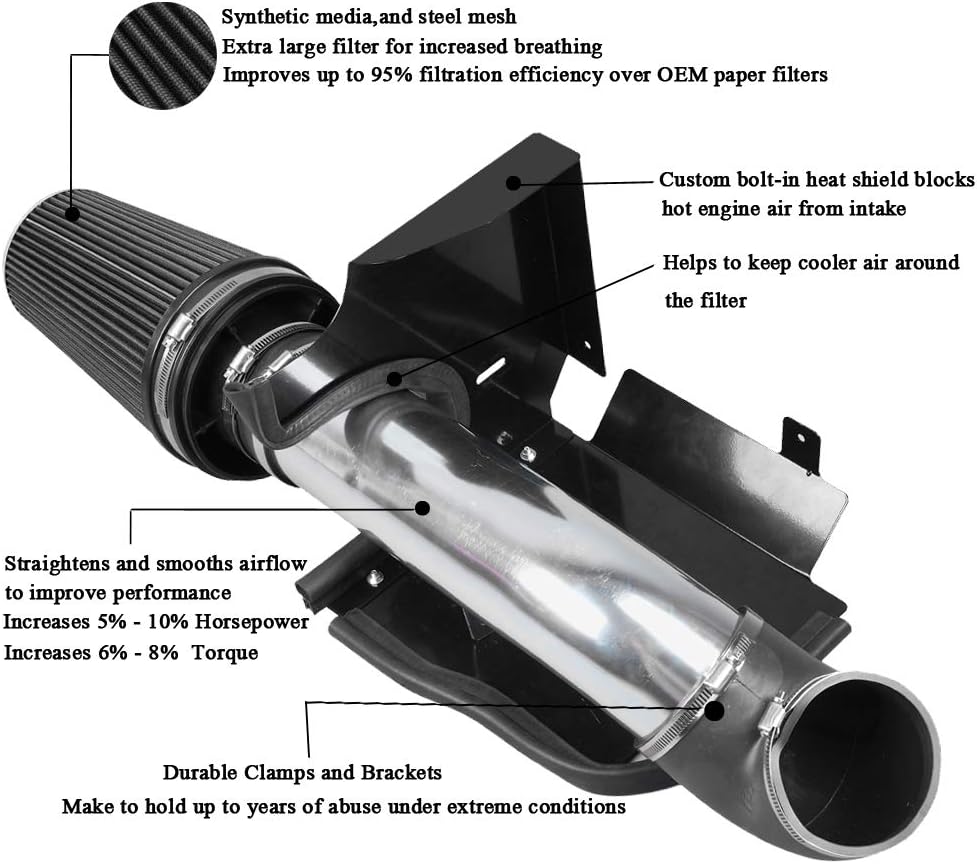 4" Cold Air Intake with Shield for 1999-2006 Chevy/GMC V8 4.8L-6.0L Silverado 1500/2500/3500 (Black)