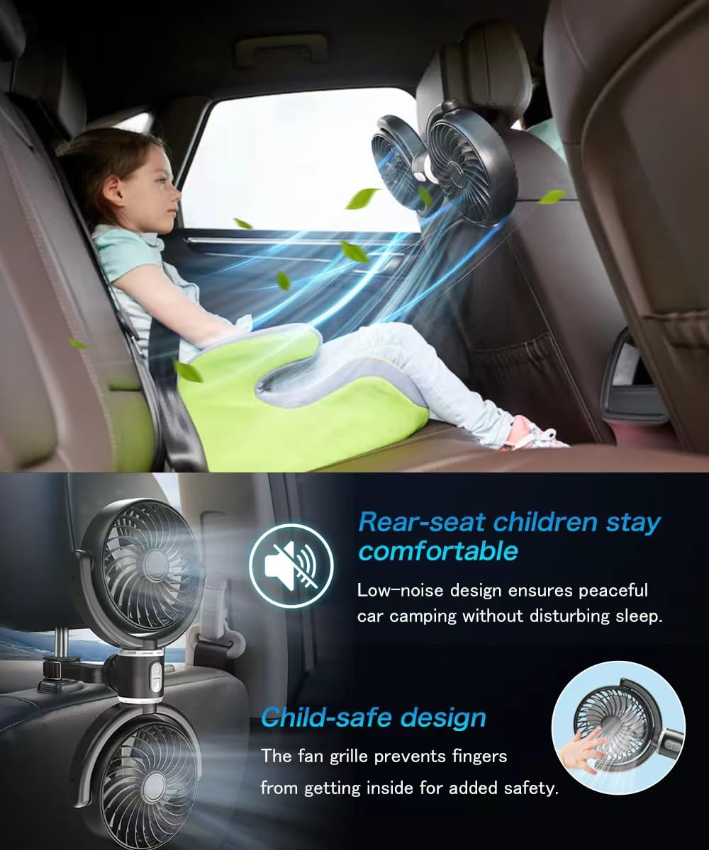 USB Powered Car Backseat Fan, Dual Head, Quiet, 3-Speed, 360° Circulation