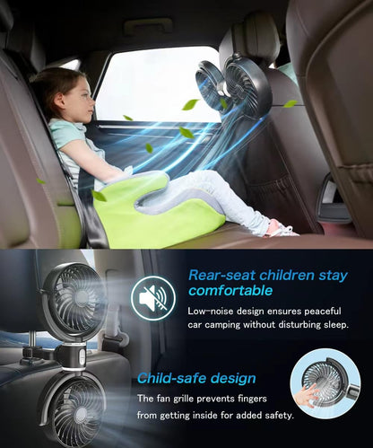 USB Powered Car Backseat Fan, Dual Head, Quiet, 3-Speed, 360° Circulation