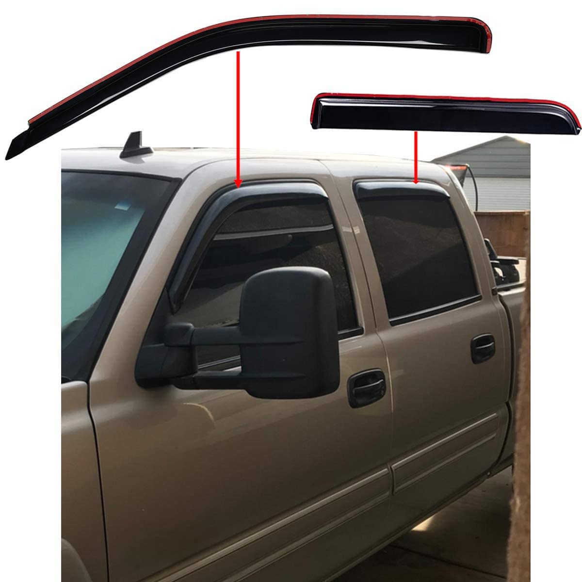 In-Channel Rain Guards (4-PCS) for 2001-2007 Chevy/GMC Crew Cab Pickups & SUVs (Smoke)