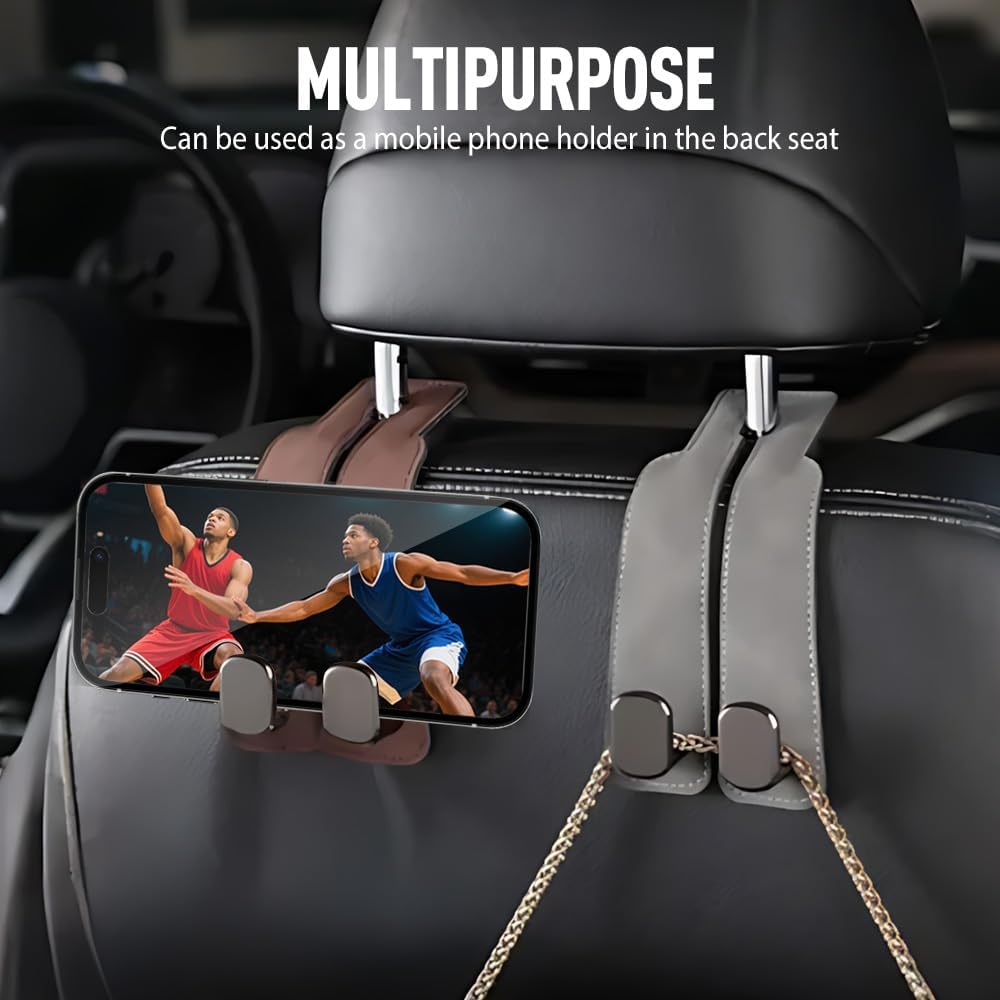 Twin Leather Headrest Hooks (2-Pack) for Bags & Purses - Car Seat Organizers (Black)