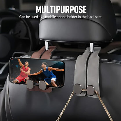 Twin Leather Headrest Hooks (2-Pack) for Bags & Purses - Car Seat Organizers (Black)