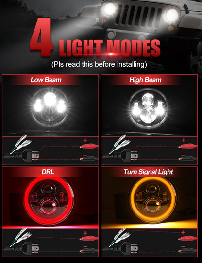 2PCS 7" Red Halo LED Headlights - Hi/Lo/Amber Signal, DOT Approved, H6024 Fit