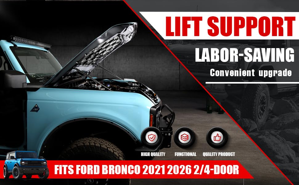 Ford Bronco Front Hood Lift Support, Easy Install, Progressive Lift