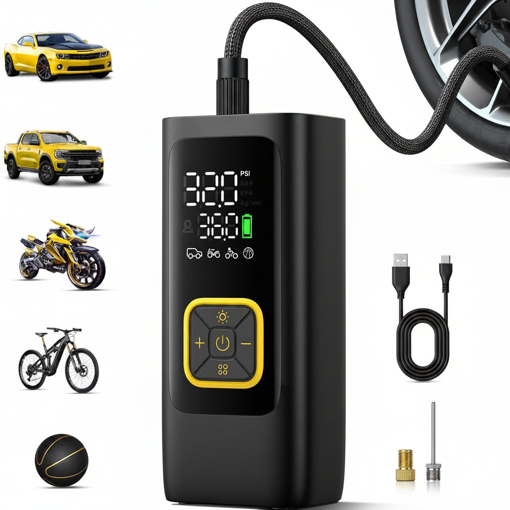 4X Faster 150PSI Cordless Tire Inflator - Rechargeable, LED Light, Auto Pump for Car/Bike/Ball