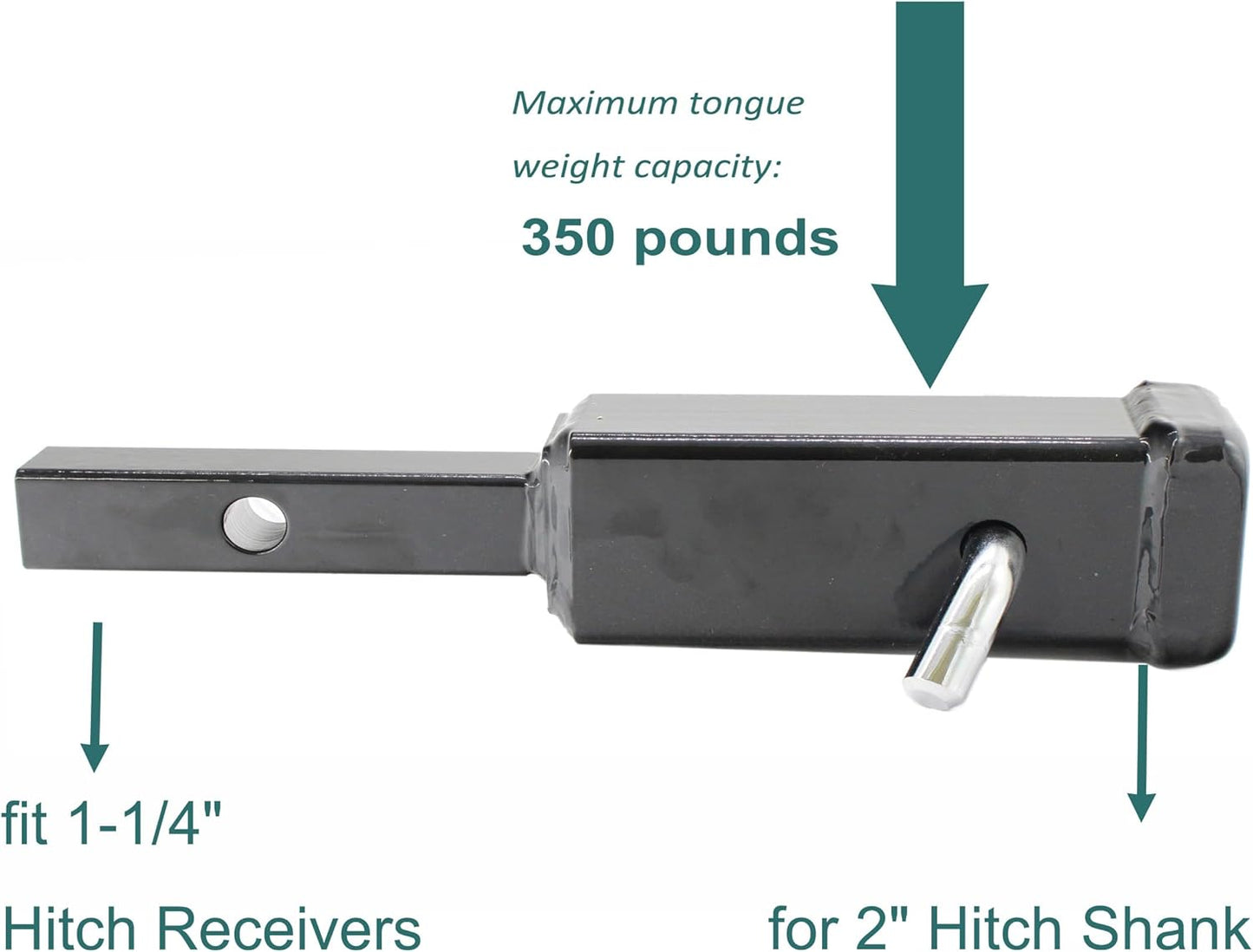 1-1/4" to 2" Hitch Adapter Receiver - 7" Extension, 350 lb Tongue Weight, Includes 5/8" Pin