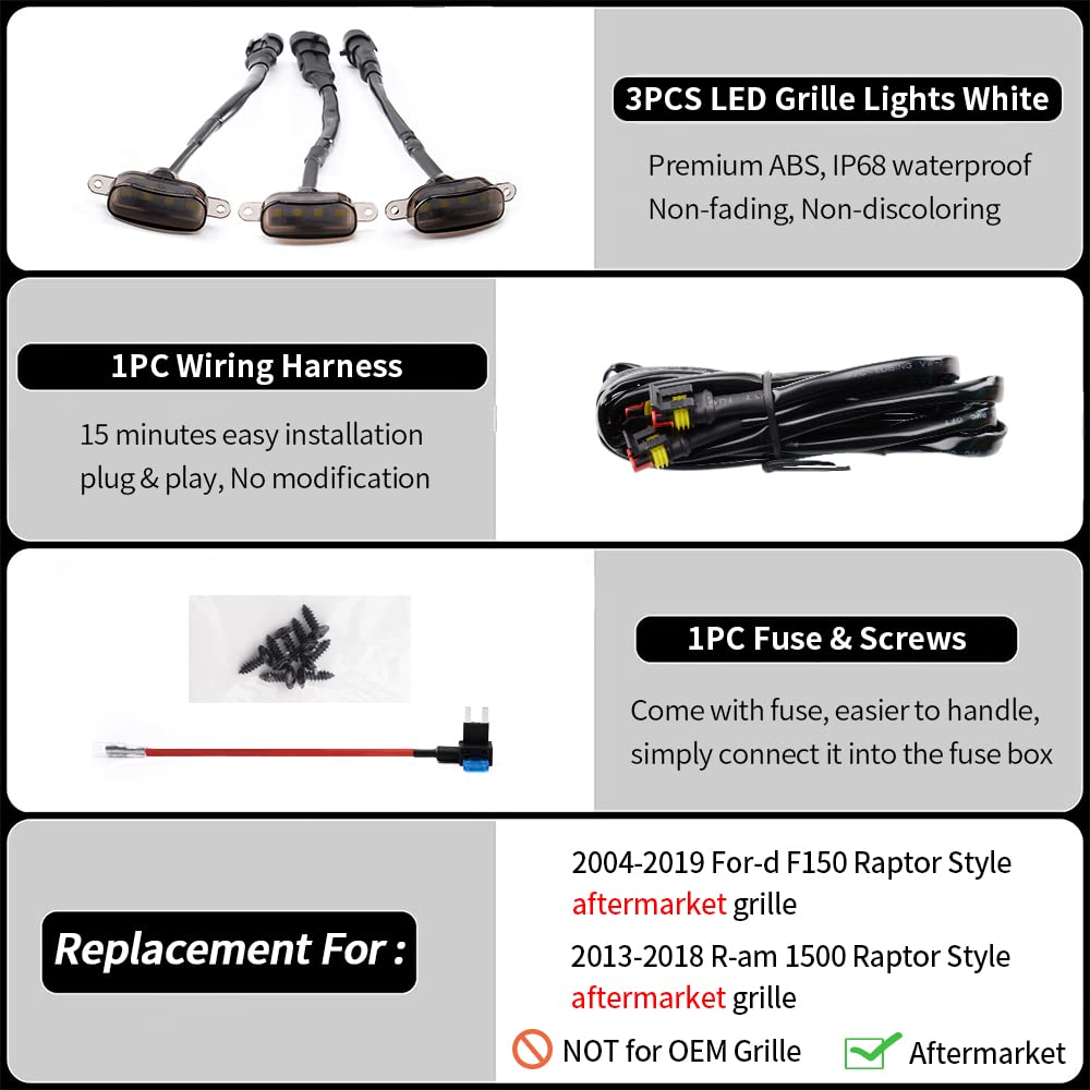 3-PCS LED Grille Lights Kit with Harness for 2004-2019 Ford F-150 & 2013-2018 Ram 1500 (White)