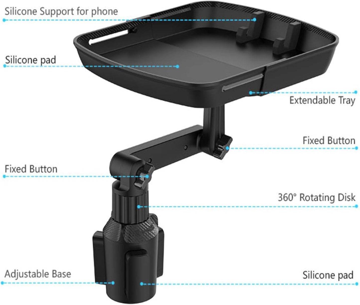 3-in-1 10" Car Food Tray with Cup Holder/Phone Mount - 360° Rotating, Detachable for Road Trips