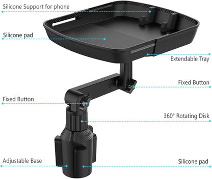 3-in-1 10" Car Food Tray with Cup Holder/Phone Mount - 360° Rotating, Detachable for Road Trips
