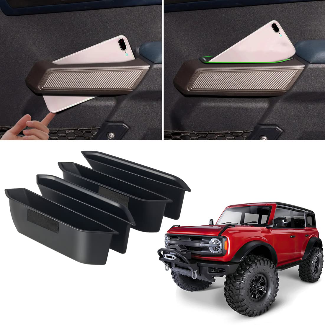 4-PCS Door Handle Storage Boxes for 2021-2025 Ford Bronco - Front & Rear Armrest Phone Organizer