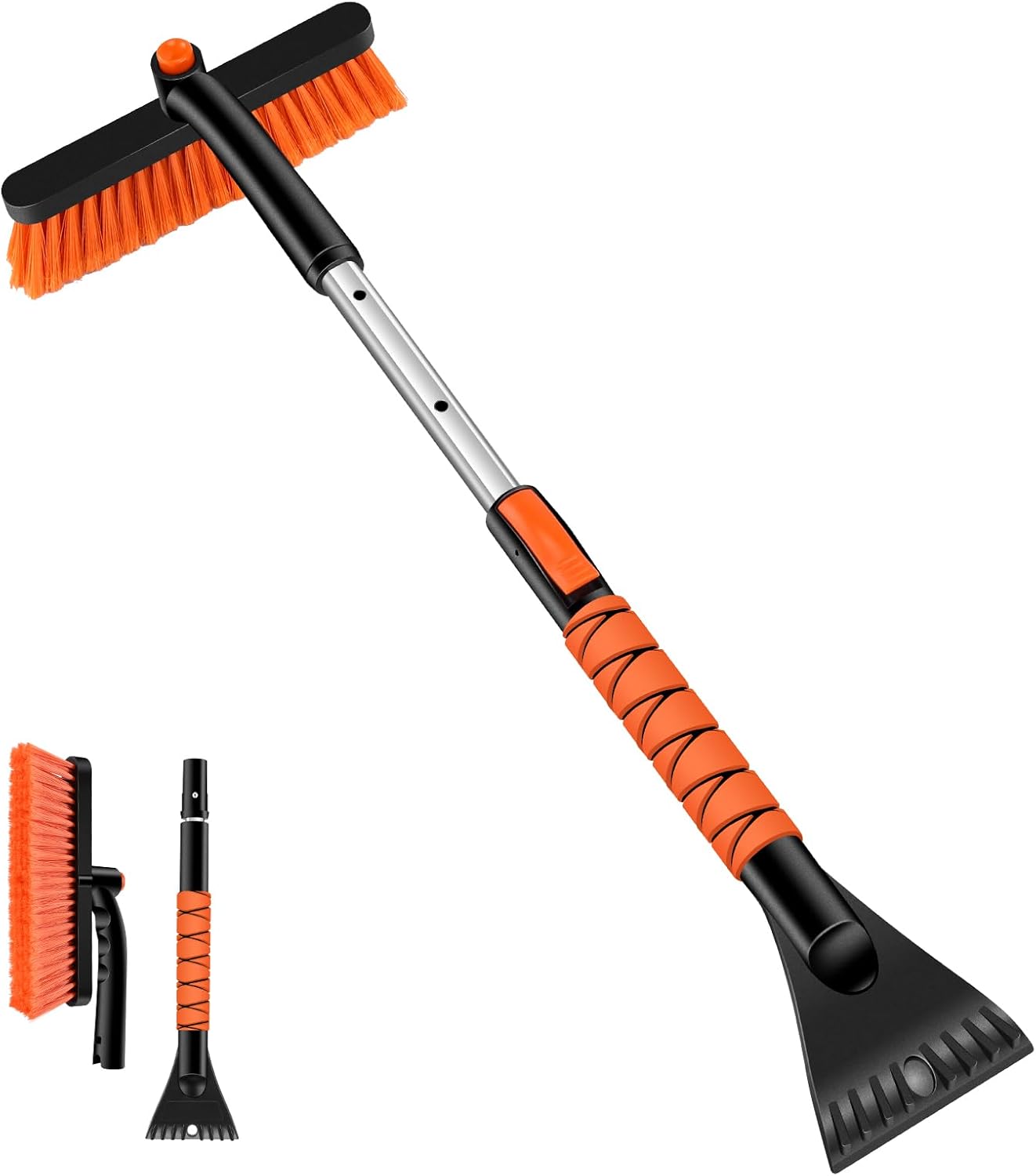 33" Extendable Snow Brush with Detachable Ice Scraper - 360° Pivot (Orange)