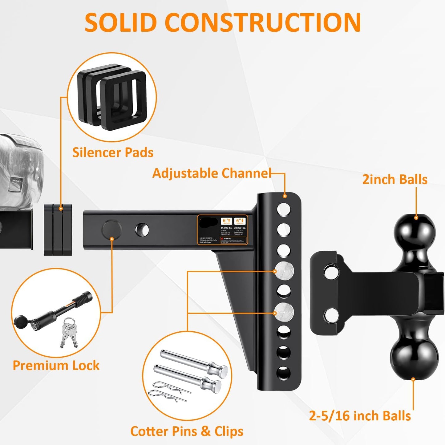 Adjustable Trailer Hitch -Drop Hitch-Tow Hitch with 2 inch Receiver-6inch Drop/Rise, 2" & 2-5/16" Ball Hitches for Trucks, 20,000 LBS GTW, Trailer Hitches with Anti-Theft Pin, Black…