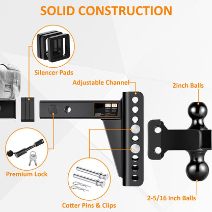 Adjustable Trailer Hitch -Drop Hitch-Tow Hitch with 2 inch Receiver-6inch Drop/Rise, 2" & 2-5/16" Ball Hitches for Trucks, 20,000 LBS GTW, Trailer Hitches with Anti-Theft Pin, Black…