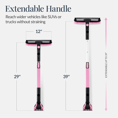39" Extendable Snow Brush with Squeegee & Ice Scraper - 270° Pivot, Pink