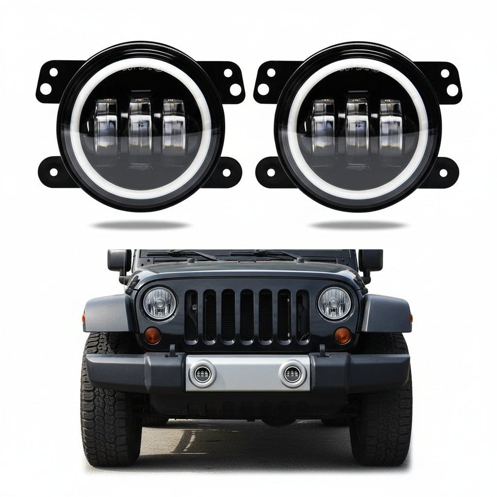 4" 42W LED Fog Lights with White Halo for Jeep Wrangler JK & Others