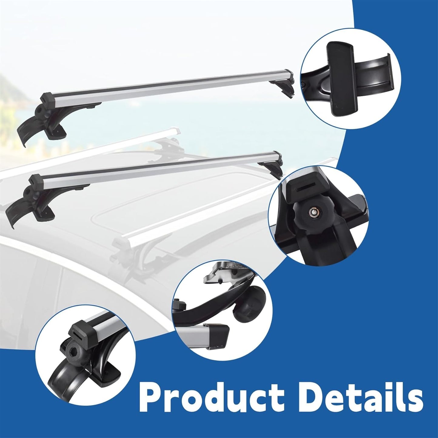 48" Universal Roof Rack Cross Bars with 3 Clamp Types - Silver Aluminum