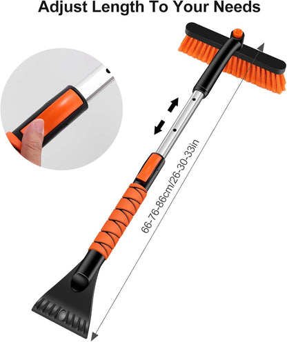33" Extendable Snow Brush with Detachable Ice Scraper - 360° Pivot (Orange)