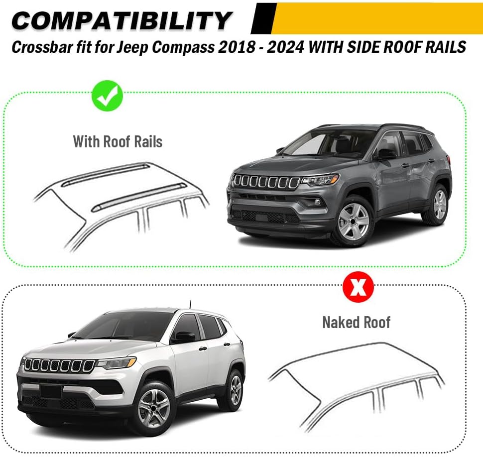 220lbs Cross Bar Roof Rack Fit for Jeep Compass 2018-2025(with Side Roof Rails) - OHMU