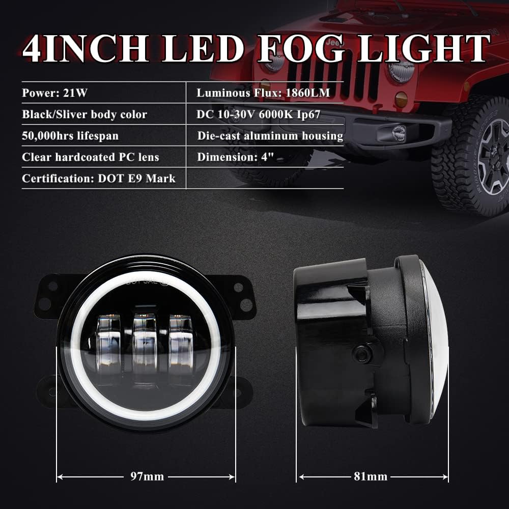 4" 42W LED Fog Lights with White Halo for Jeep Wrangler JK & Others