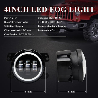4" 42W LED Fog Lights with White Halo for Jeep Wrangler JK & Others