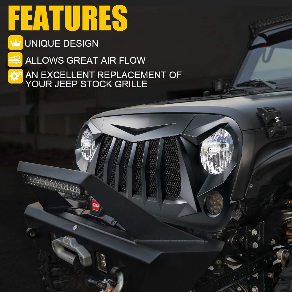 Matte Black Front Grille with Mesh for Jeep Wrangler JK 2007-2018