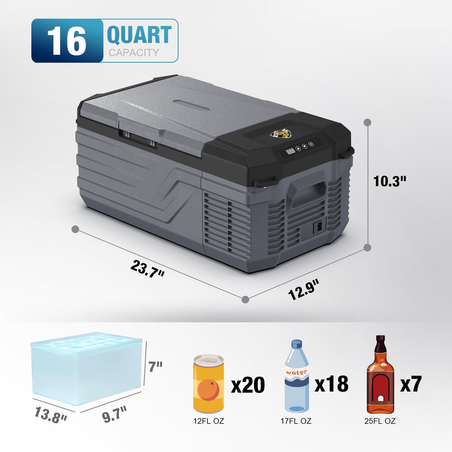 12V 16Qt Electric Cooler/Freezer - -4℉~68℉, Portable for Camping/Truck/RV