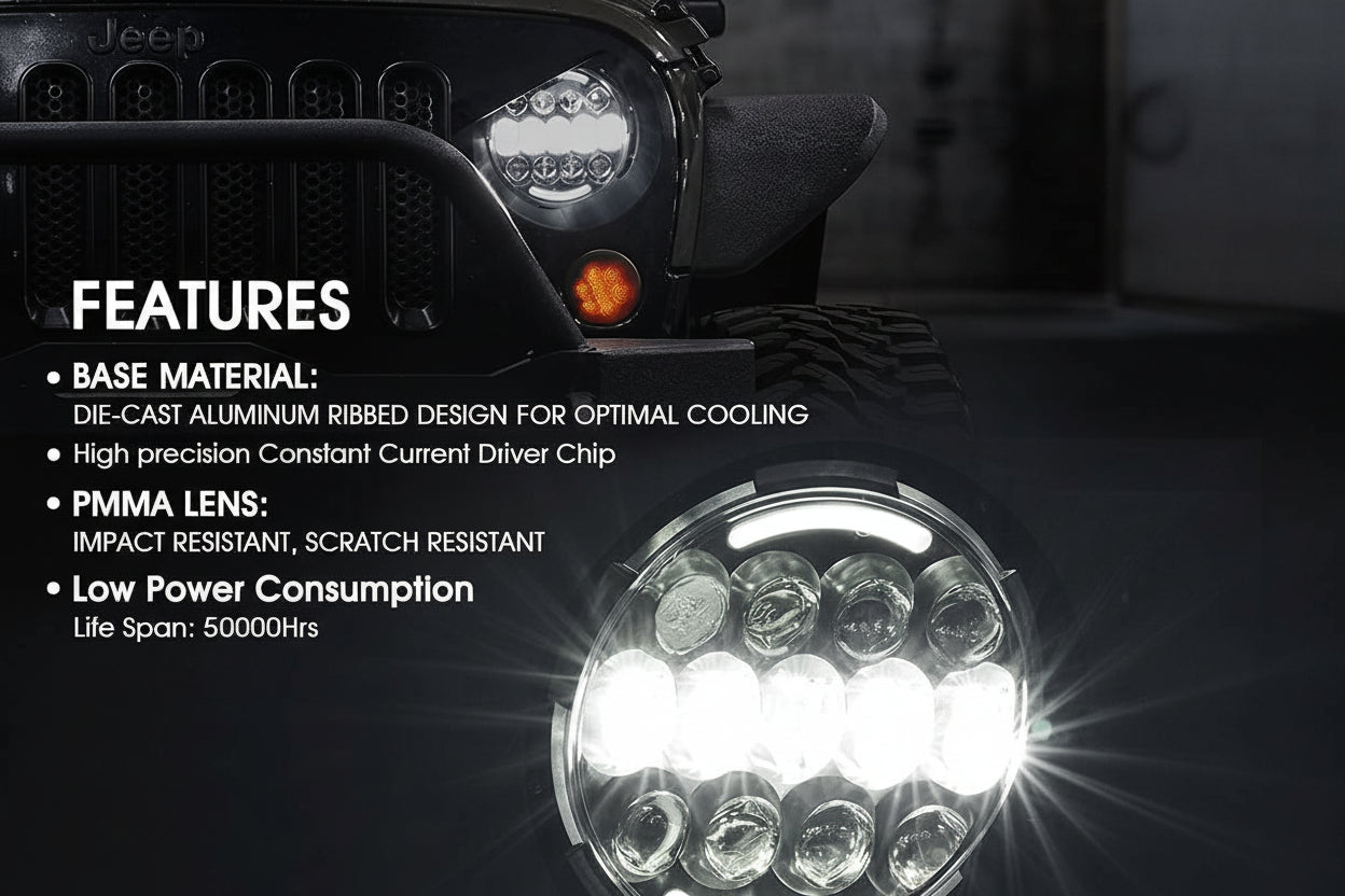 105W 7" LED Headlights - DOT Approved with Hi/Lo/DRL/Signals, Includes Adapters