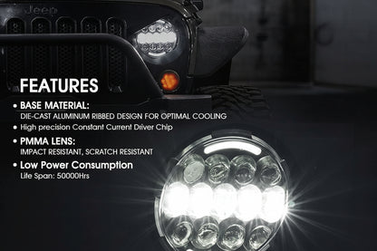 105W 7" LED Headlights - DOT Approved with Hi/Lo/DRL/Signals, Includes Adapters