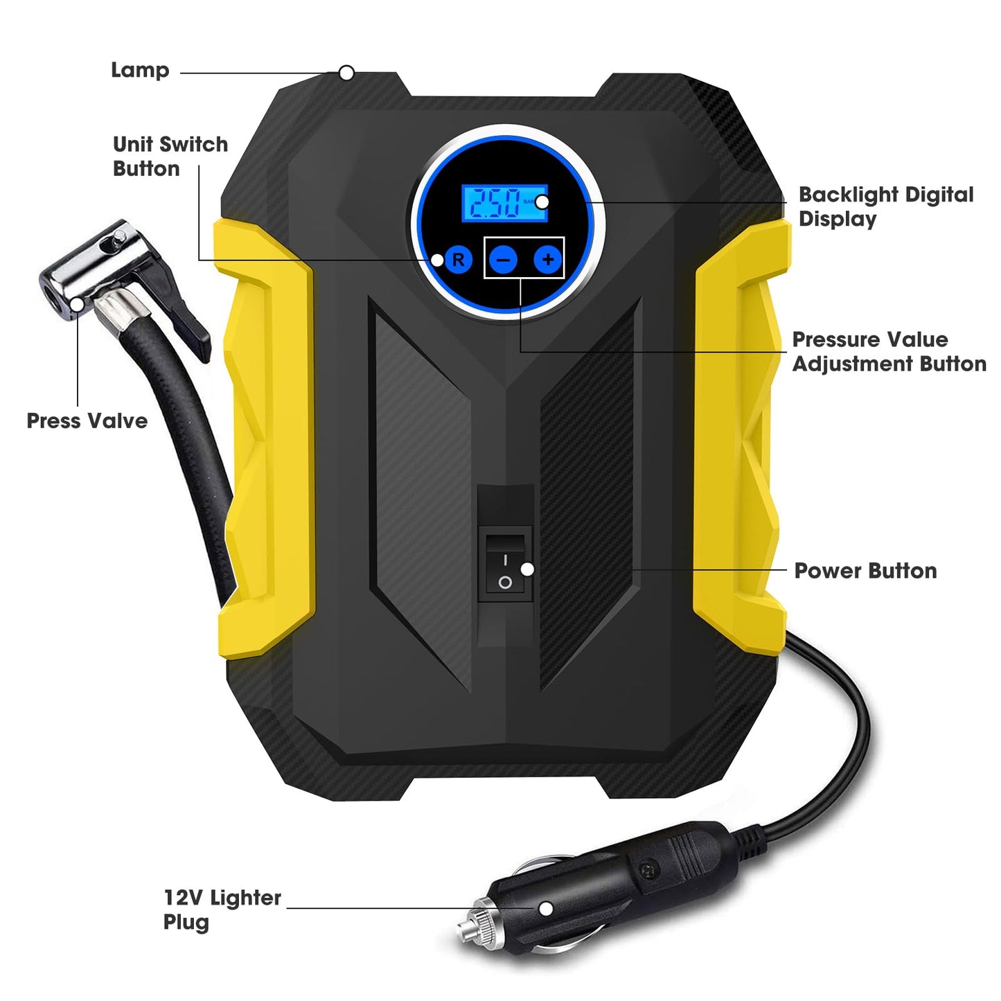 12V Portable Digital Tire Inflator with LED Light - Car Auto Air Compressor