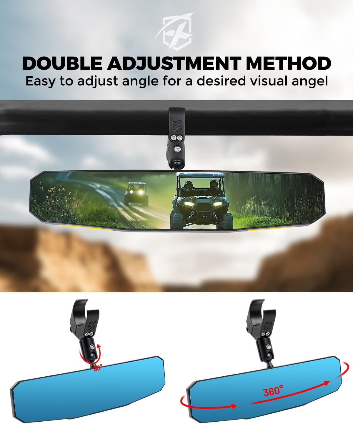 13" UTV Rear View Mirror, SXS UTV Center Mirror w/Interior Lights Adjustable Aluminum Clamp Fits 1.5"-2" Mount Compatible with Polaris Ranger/RZR/Pioneer/Talon/Teryx/Mule/Can Am X3/ CFMOTO