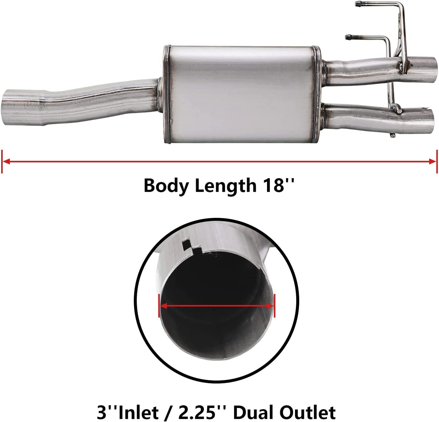 Direct-Fit Muffler 409S,2-Chamber Exhaust Muffler Kit Fits Exhaust 2009-2018 Dodge Ram 1500 Aggressive Series,Stainless Steel 3''Inlet/2.25'' Dual Outlet,18'' Body