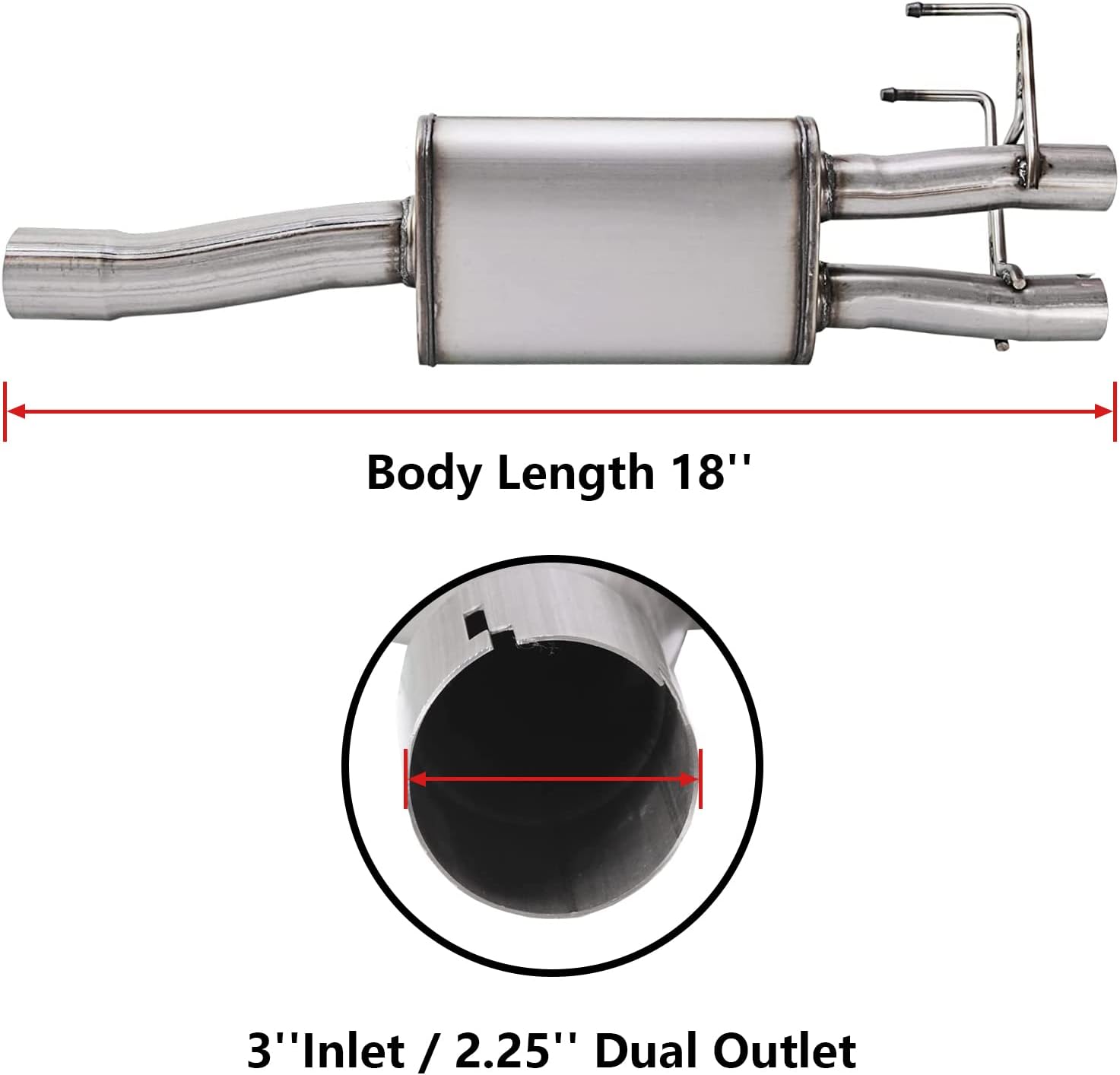 Direct-Fit Muffler 409S,2-Chamber Exhaust Muffler Kit Fits Exhaust 2009-2018 Dodge Ram 1500 Aggressive Series,Stainless Steel 3''Inlet/2.25'' Dual Outlet,18'' Body