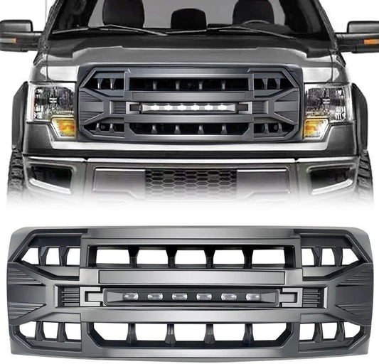 Front Grill Replacement for F150 2009-2014, Matte Black Bumper Grille w/Off-Road Lights