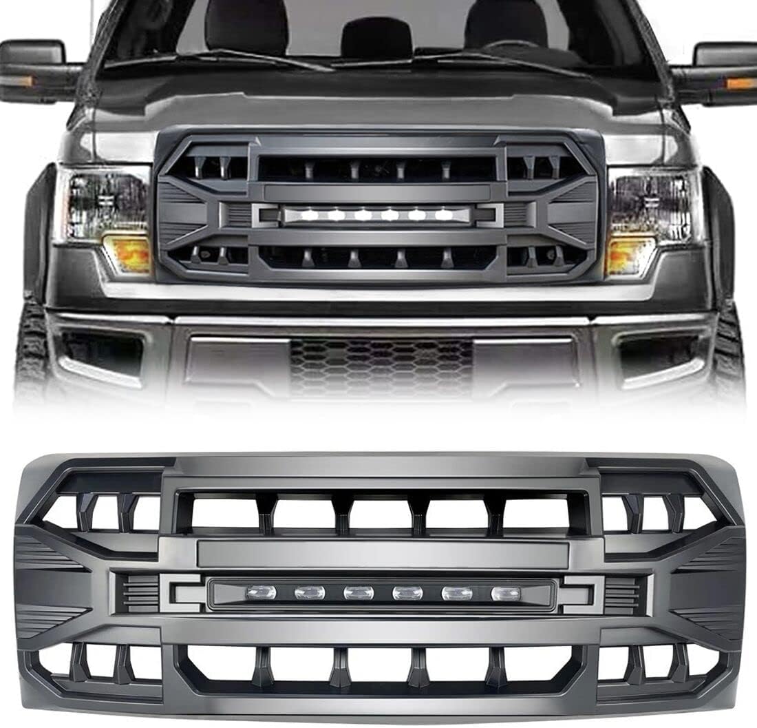 Front Grill Replacement for F150 2009-2014, Matte Black Bumper Grille w/Off-Road Lights