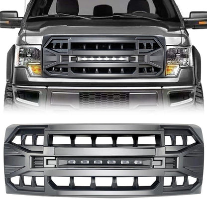 Front Grill Replacement for F150 2009-2014, Matte Black Bumper Grille w/Off-Road Lights