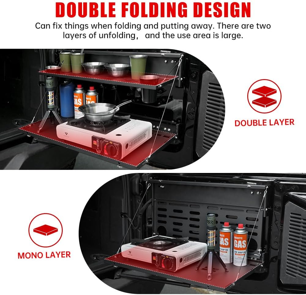 for Ford Bronco 2021-2024 2-Tier Foldable Rear Storage Cargo Rack Shelf Camping Desk Tailgate Table Molle Panel