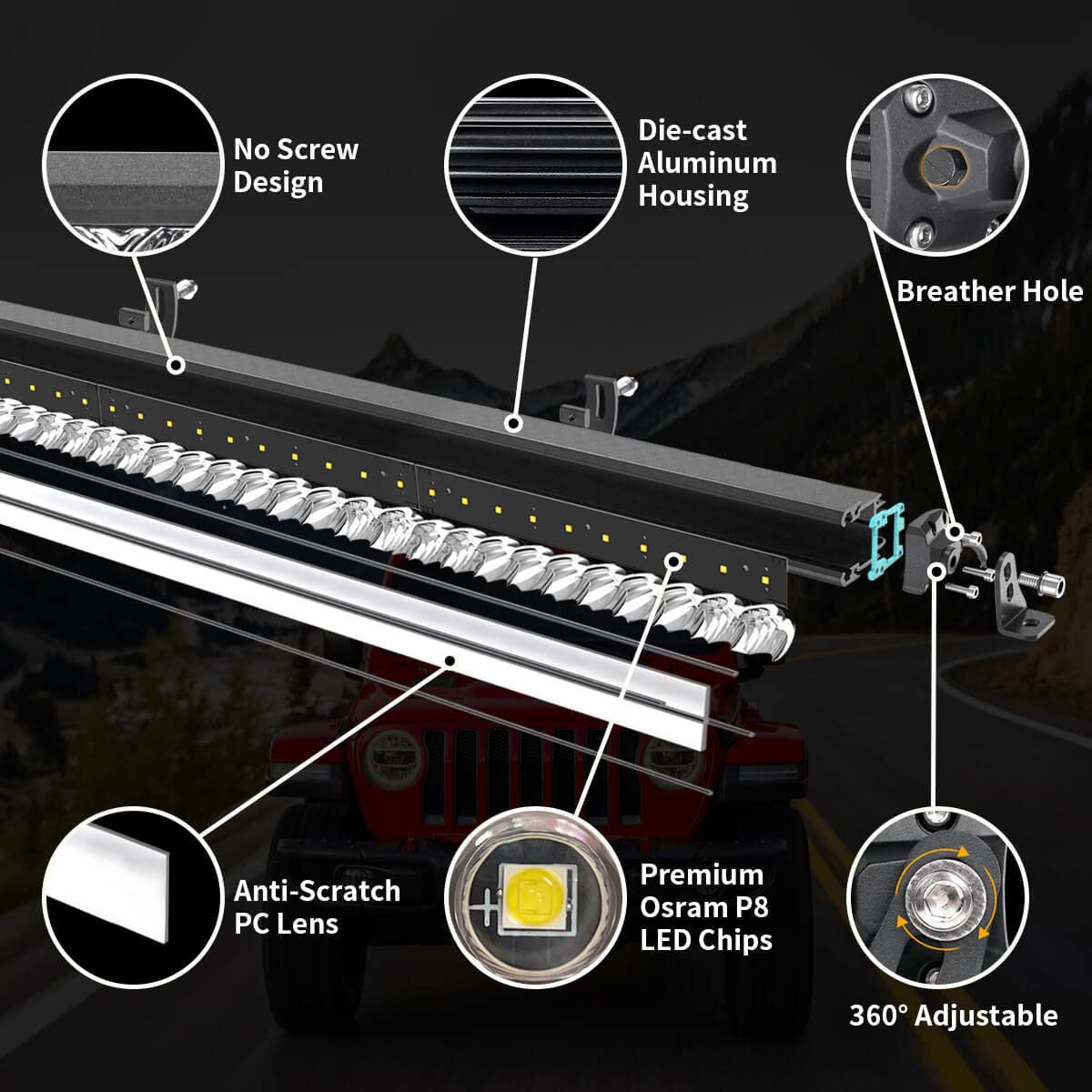 52" Single Row LED Light Bar - IP67 Waterproof Spot/Flood Beam, Universal Fit