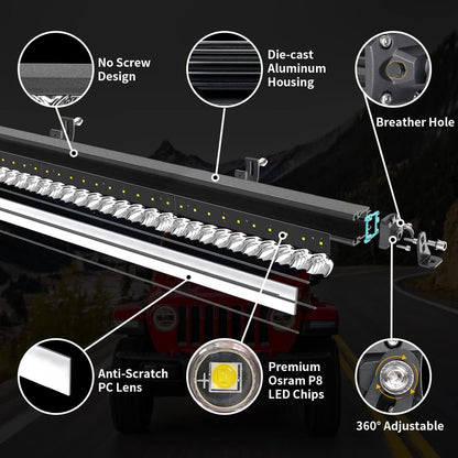 52" Single Row LED Light Bar - IP67 Waterproof Spot/Flood Beam, Universal Fit