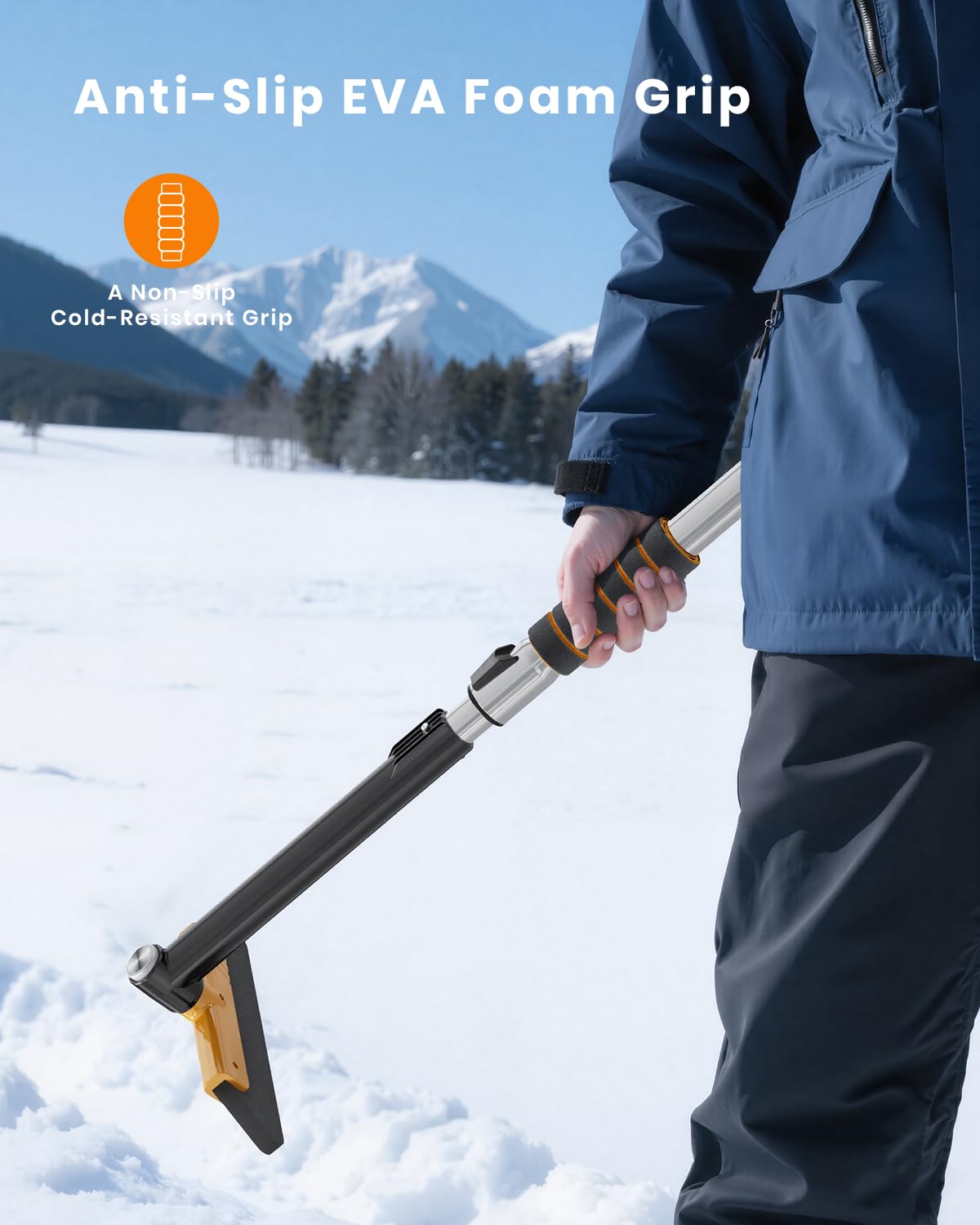 43.7" Extendable Ice Scraper with 360° Pivoting Brush - 12 Length Settings, Orange