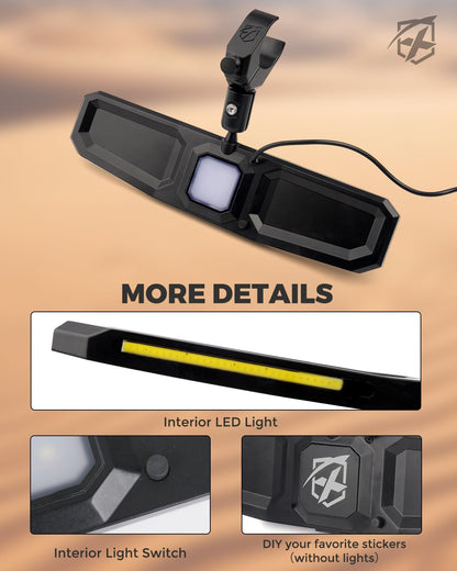 13" UTV Rear View Mirror, SXS UTV Center Mirror w/Interior Lights Adjustable Aluminum Clamp Fits 1.5"-2" Mount Compatible with Polaris Ranger/RZR/Pioneer/Talon/Teryx/Mule/Can Am X3/ CFMOTO